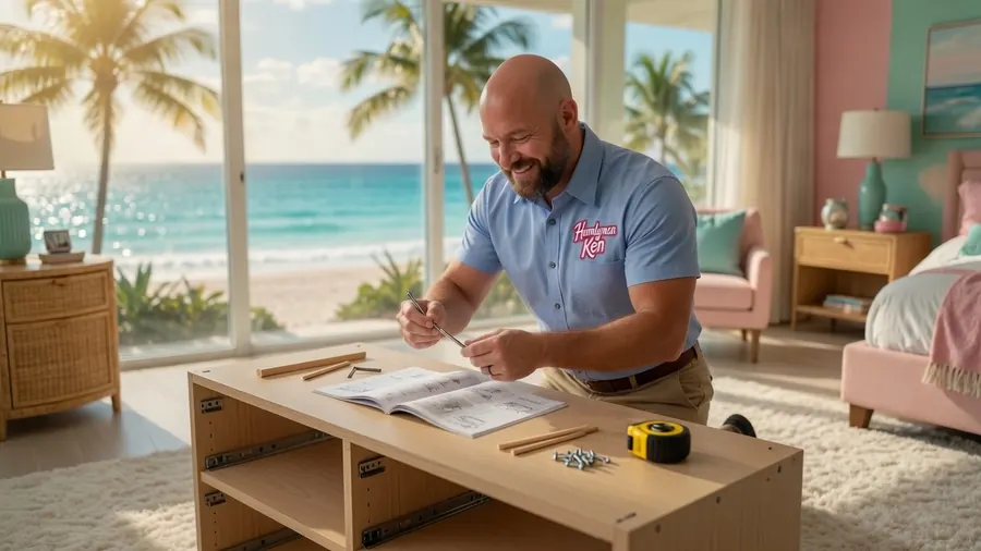 Ken assembling a flat-pack dresser in a bedroom
