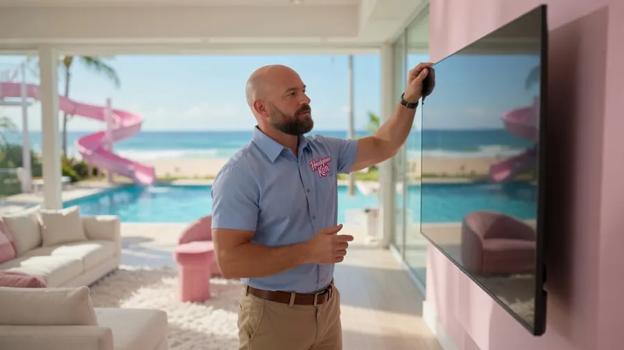 Ken mounting a flat-screen TV on a living room wall in Louisville