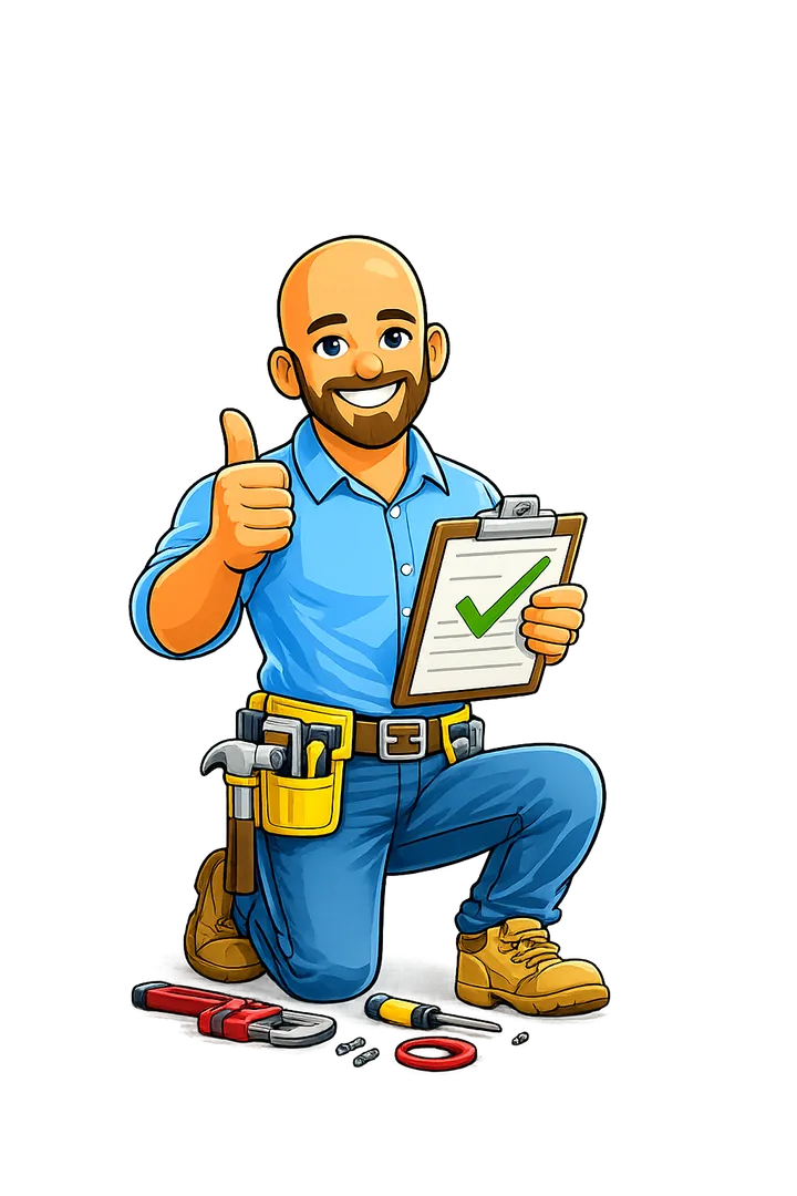 Cartoon of Handyman Ken working under a kitchen sink